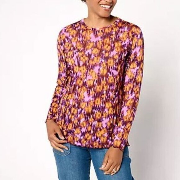 LOGO Layers by Lori Goldstein Stretch Mesh Top Medium Purple Print Long-Sleeve - Picture 1 of 11